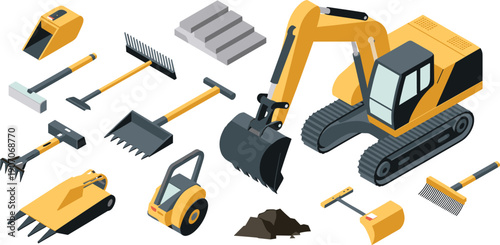 Isometric construction excavator illustration, heavy machinery and building tool set, industrial equipment vector graphics collection assets