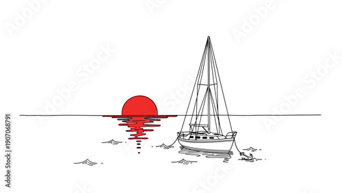 Sailboat on serene ocean at sunset with red sun reflection
