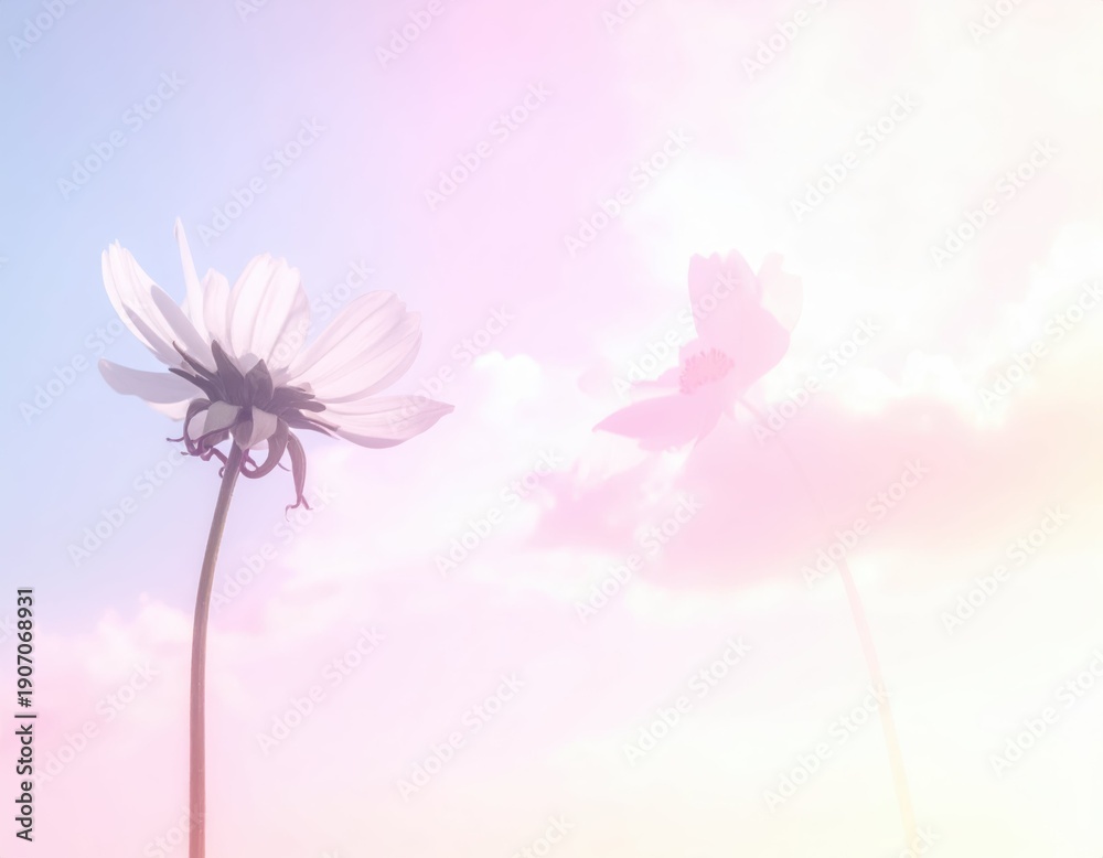 Obraz premium Delicate Flowers Against a Soft Pink Sky at Sunrise or Sunset