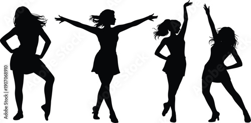 Silhouettes of four women dancing and posing with arms outstretched Keywords: woman, silhouette, dancing, posing, fashion, model