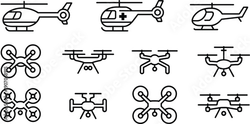Black and white aerial vehicle icon set featuring helicopters, medical helicopter, quadcopters, and diverse drone designs for aviation, technology, and education graphics