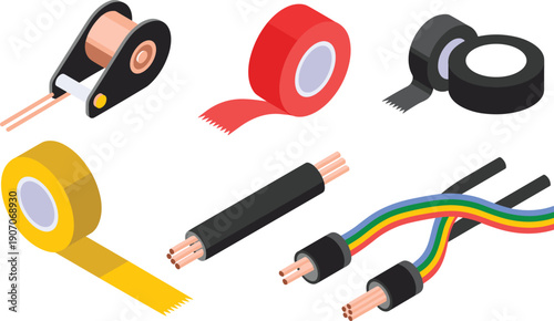 Isometric electrical tape and wire illustration set, insulated cables and repair tools vector industrial equipment collection graphics