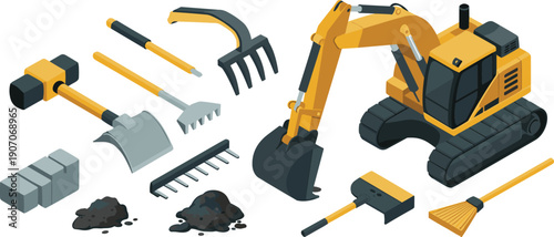 Isometric excavator construction illustration, heavy machinery and tool set, industrial building equipment vector graphics collection