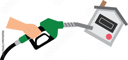 Minimalist gas pump payment illustration, hand holding fuel nozzle digital transaction energy purchase vector concept design