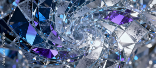 Vector illustration of a crystal vortex effect with reflections and refractions of light in a cold palette.