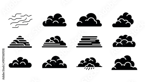 Diverse cloud silhouettes collection: minimalist black designs for creative projects