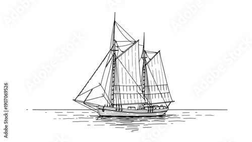 Sailing ship sketch on calm sea with detailed line art design