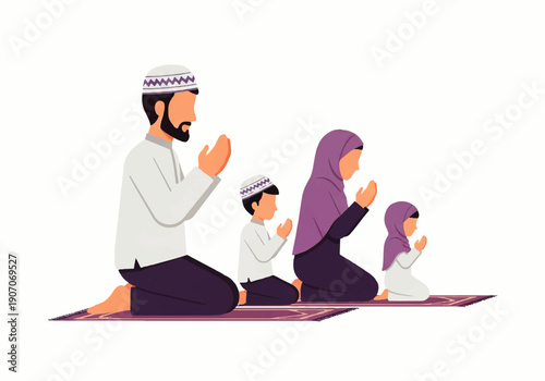 Flat design illustration vector of a Muslim family praying together on a mat in a simple, minimalist setting.
