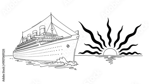 Elegant cruise ship at sunrise in linear black and white art