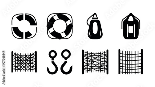 Nautical icons set: lifebuoy, buoy scoops, nets, and hooks in bold black silhouette style