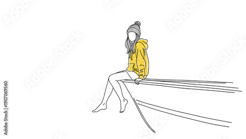 Minimalist line art of woman in hoodie sitting on surfboard