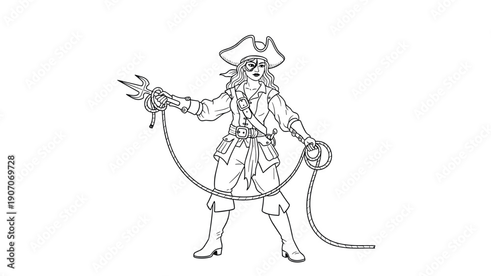 Fototapeta premium Female pirate holding a sword and whip in detailed linear art style