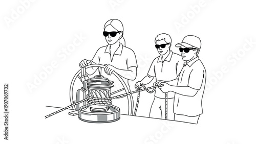 Linear drawing of crew handling yacht rope and steering