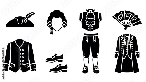 18th century fashion silhouettes: elegant attire and accessories in black and white