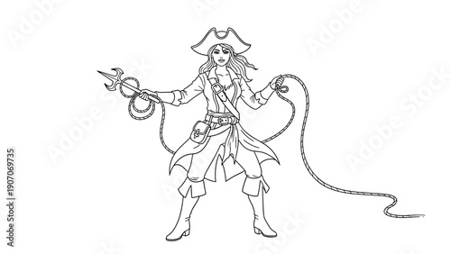 Adventurous female pirate in outline style with sword and rope