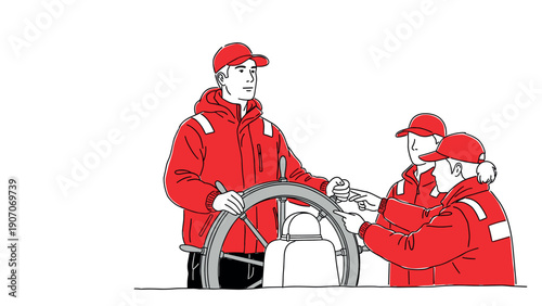 Team in red uniform steering the boat for safe navigation