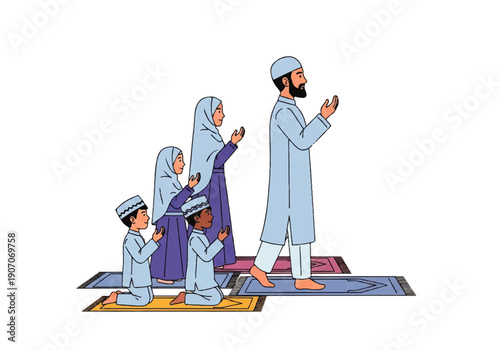 Flat design illustration vector of a Muslim family praying together in a serene and peaceful atmosphere with soft colors.