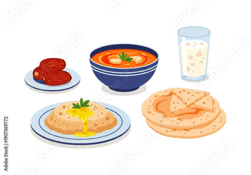 Flat design illustration vector of a traditional Middle Eastern meal with soup, flatbread, meat, and yogurt drink on a clean white background.