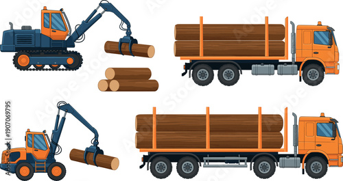 heavy forestry machinery including orange log loader excavators and timber transport trucks with wood logs.