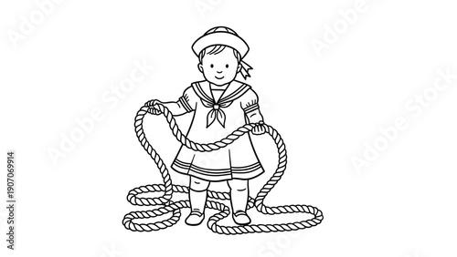 Nautical child in sailor outfit with rope - black and white drawing
