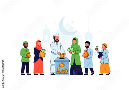 Flat design illustration vector of a diverse group of people in traditional clothing gathered around a donation box with food and money on a white background.