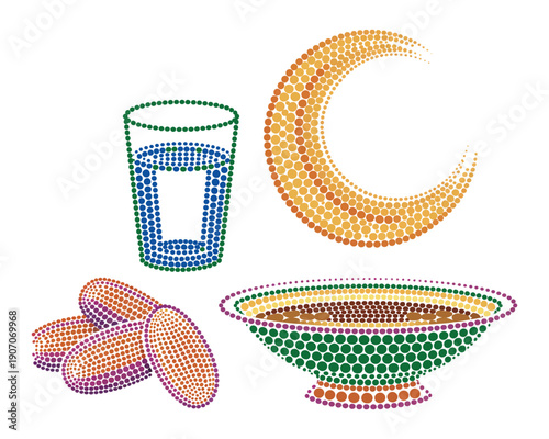 Ramadan iftar meal with dates glass of water bowl of food and crescent moon illustration using dots on transparent background