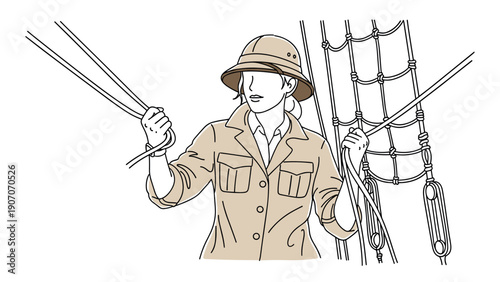 Explorer on sailing vessel in minimalist line art style