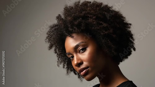 Stunning Portrait of a Confident African American Woman with Natural Afro Hair Against Neutral Background