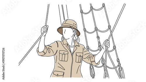 Nautical adventure: line art of sailor on ship rigging with elegant simplicity