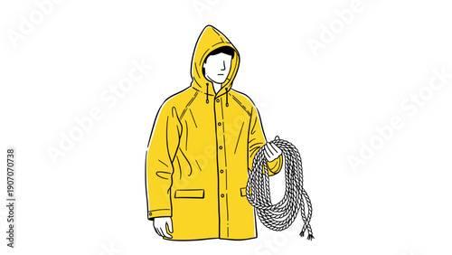 Minimalist yellow raincoat figure with rope illustration