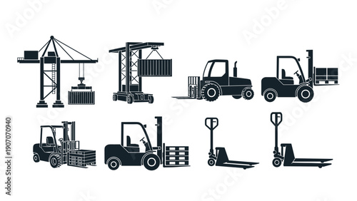 Silhouette icons of industrial equipment: cranes, forklifts, and pallet trucks