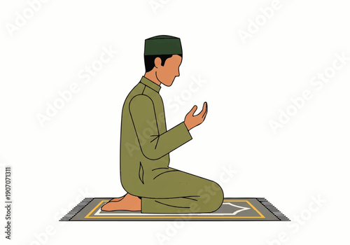 Flat design illustration vector of a man in prayer on a prayer mat with hands raised in a simple, minimalist style.