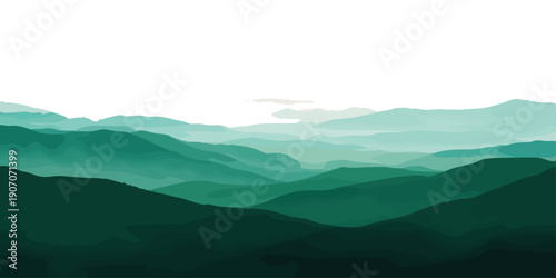 Vector Ethereal Mountainscape: An abstract panorama of rolling mountains in varying shades of emerald and teal, suggesting a sense of calm, infinity, and serene atmosphere.  Design