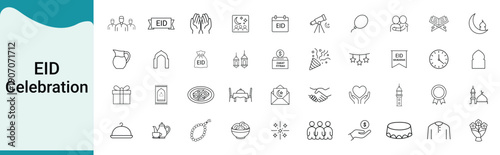 Eid Celebration Icons Set Featuring Traditional Symbols and Festive Elements for Islamic Festival, Muslim Holiday Greeting and Cultural Design