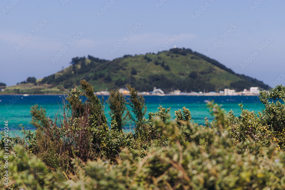 Naklejka premium Jeju Island, Hyeopjae Beach, Hallim, white sand beach and sea, Hallim-ro, Hallim-eup, Geumneung Beach, Jeju-do, South Korea, Jeju Province, landscape view in a sunny day, and Biyangdo island