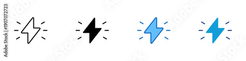 Lightning Bolt Multiple Style Icon Design Vector - Lightning bolt with energy lines representing electricity, power supply, and sudden energy discharge