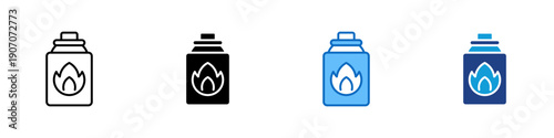 Gas Canister Multiple Style Icon Design Vector - Portable gas canister with flame mark representing fuel storage, camping cooking, and outdoor energy supply