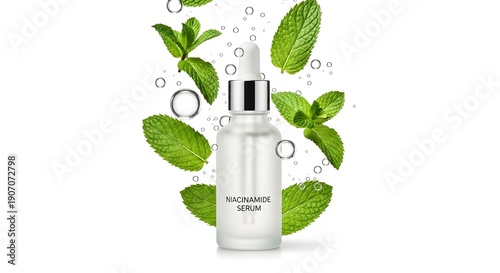 Wallpaper Mural Serum bottle surrounded by fresh mint leaves and bubbles, showcasing skincare product in a refreshing environment Torontodigital.ca