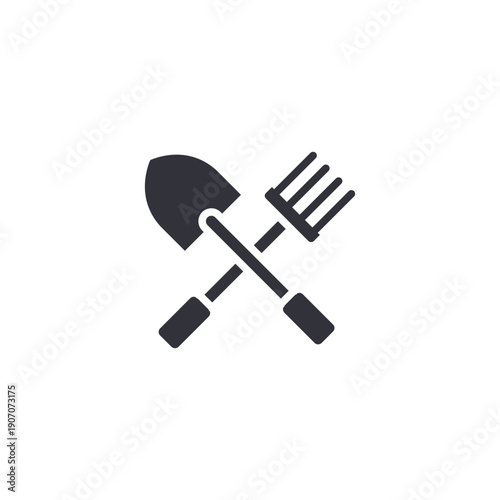 Crossed shovel and rake tools icon representing gardening equipment and outdoor yard work.