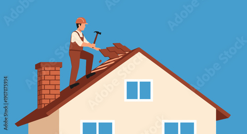 A handyman worker in a hard hat installing or repairing shingles on the roof of a residential house.