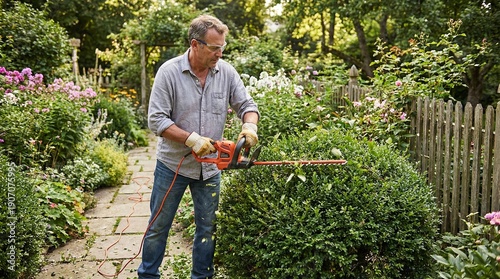 Mature man wearing protective eyewear is actively trimming a dense green hedge using an orange electric hedge trimmer tool in a garden.