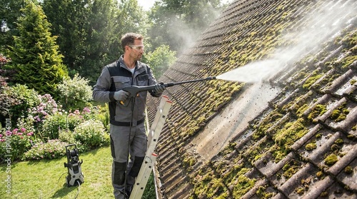 Man in workwear removes heavy green moss from old house roof tiles using a high-pressure water cleaning device outdoors