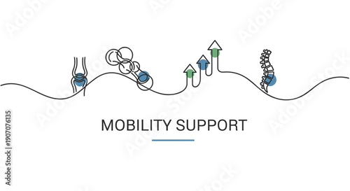 Vector mobility support icons with crutches, walker, wheelchair, and canes, for website or presentation, isolated on transparent background, png