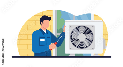 A male technician in a blue uniform is servicing an outdoor air conditioning unit with a screwdriver.