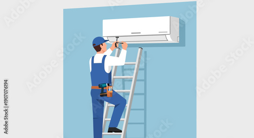 A professional technician in blue overalls installs or services a white air conditioning unit on a light blue wall, standing on a ladder.