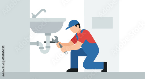 A professional plumber kneels to repair pipes under a bathroom sink using a wrench.