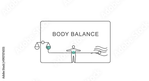 Vector illustration of a person balancing on a seesaw with a kettlebell and wavy lines, symbolizing body balance, for fitness or wellness concept, isolated on transparent background, png