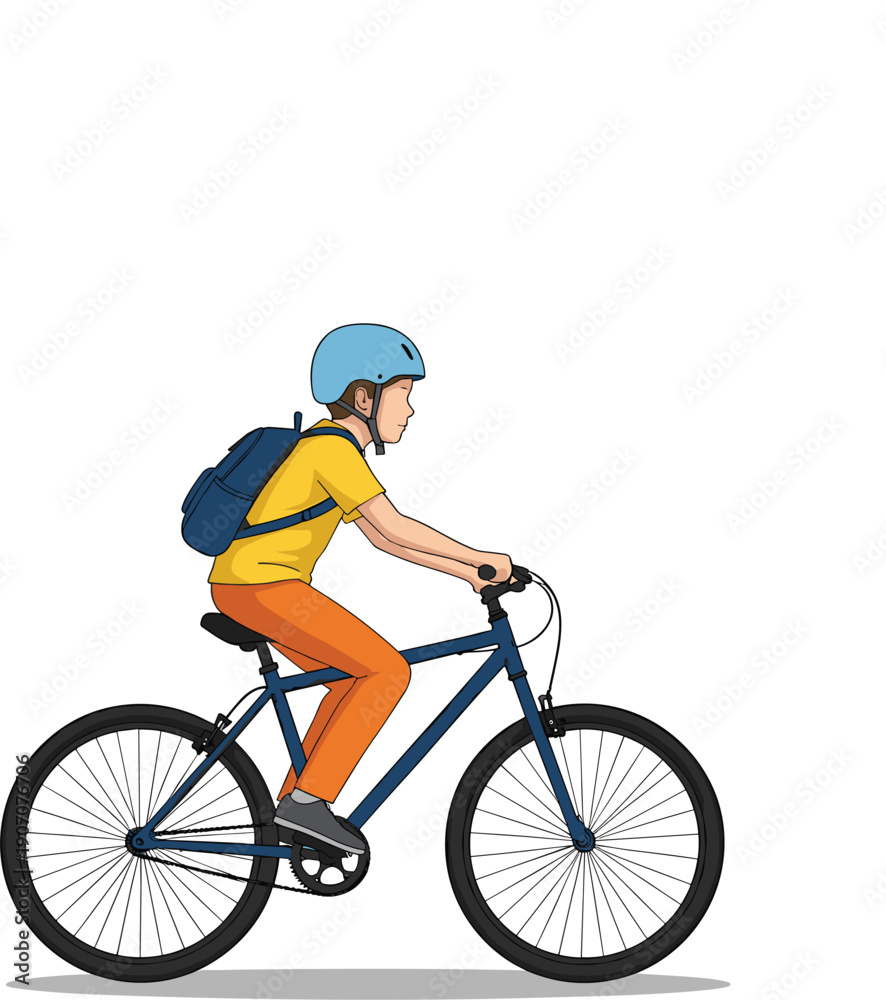 Naklejka premium Cartoon Boy Riding Bicycle with Helmet and Backpack Illustrating School Commute, Outdoor Activity, Child Safety, Healthy Lifestyle, and Youth Transportation Concepts
