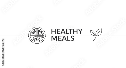 Healthy Meals logo, food plate icon with leaf, minimalist line art design, for restaurant or wellness website, overlay effect, Isolated on transparent background, png