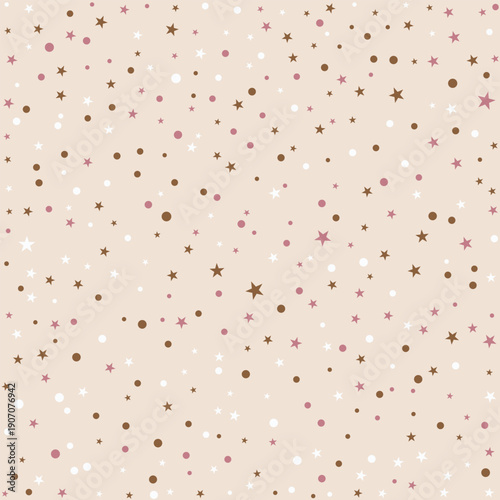 Rose Gold and Bronze Celestial Pattern with Tiny Stars and Polka Dots on Beige Background for Festive Stationery and Minimalist Nursery Decor